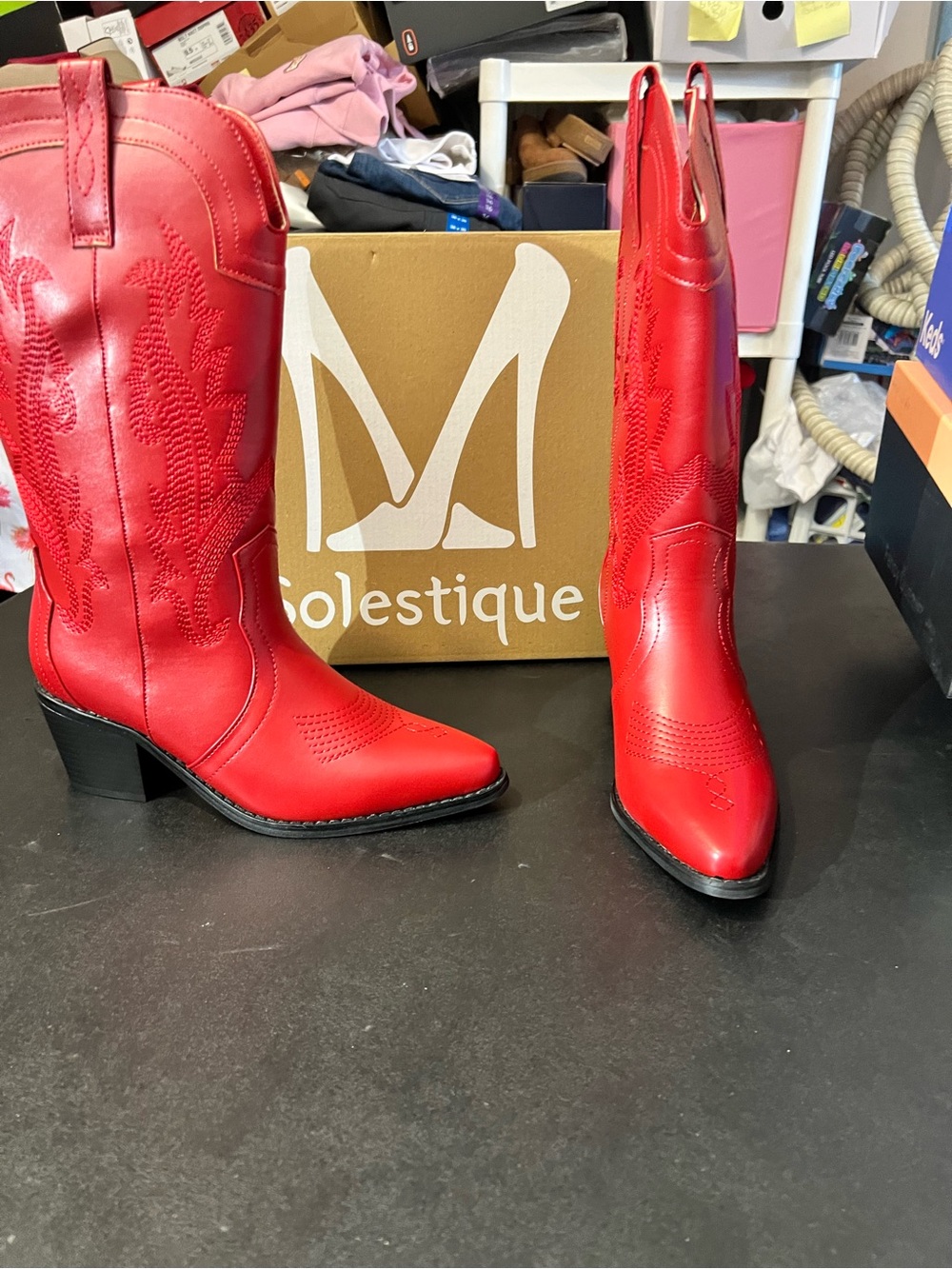 Red Western-Style Heeled Boots for Women